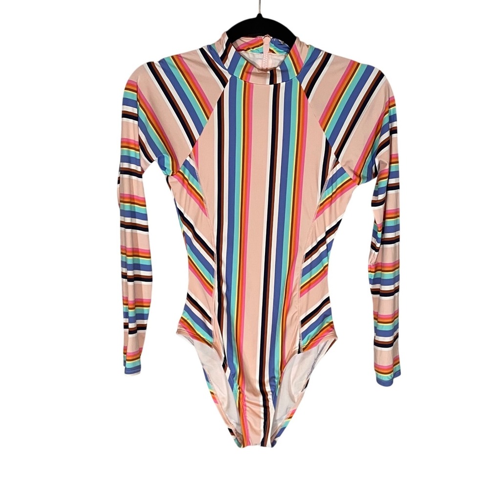 Hobie Retro Rainbow Stripe Long Sleeve Surf Suit One Piece‎ Swimsuit Size Small